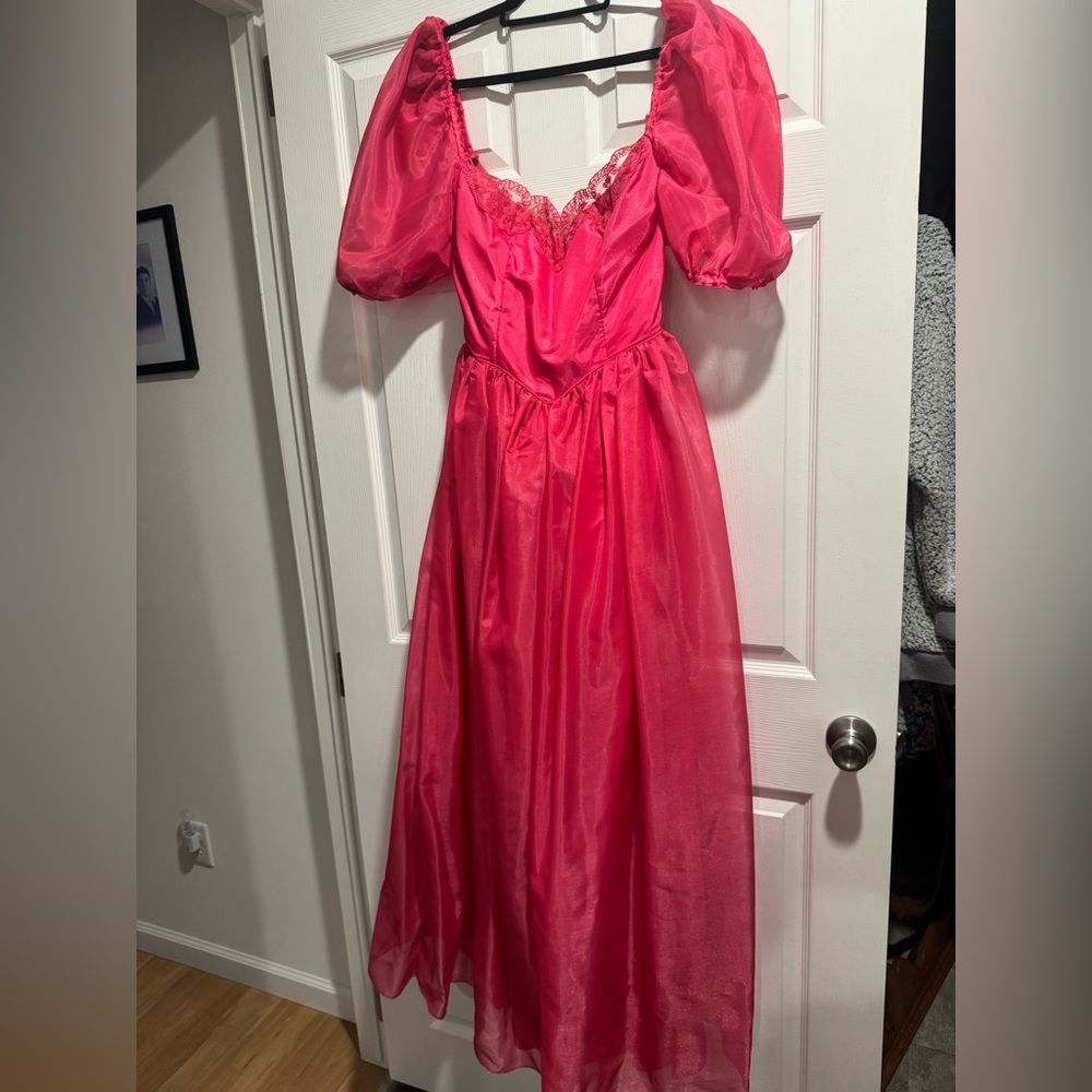 Vintage 80s Hot Pink Prom Formal Dress with Lace and Puff Sleeves Size 2 - Picture 3 of 10